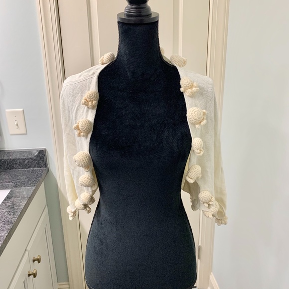 Anthropologie Sweaters - Anthro Moth Tan Crochet Pom Pom Cardigan M/L